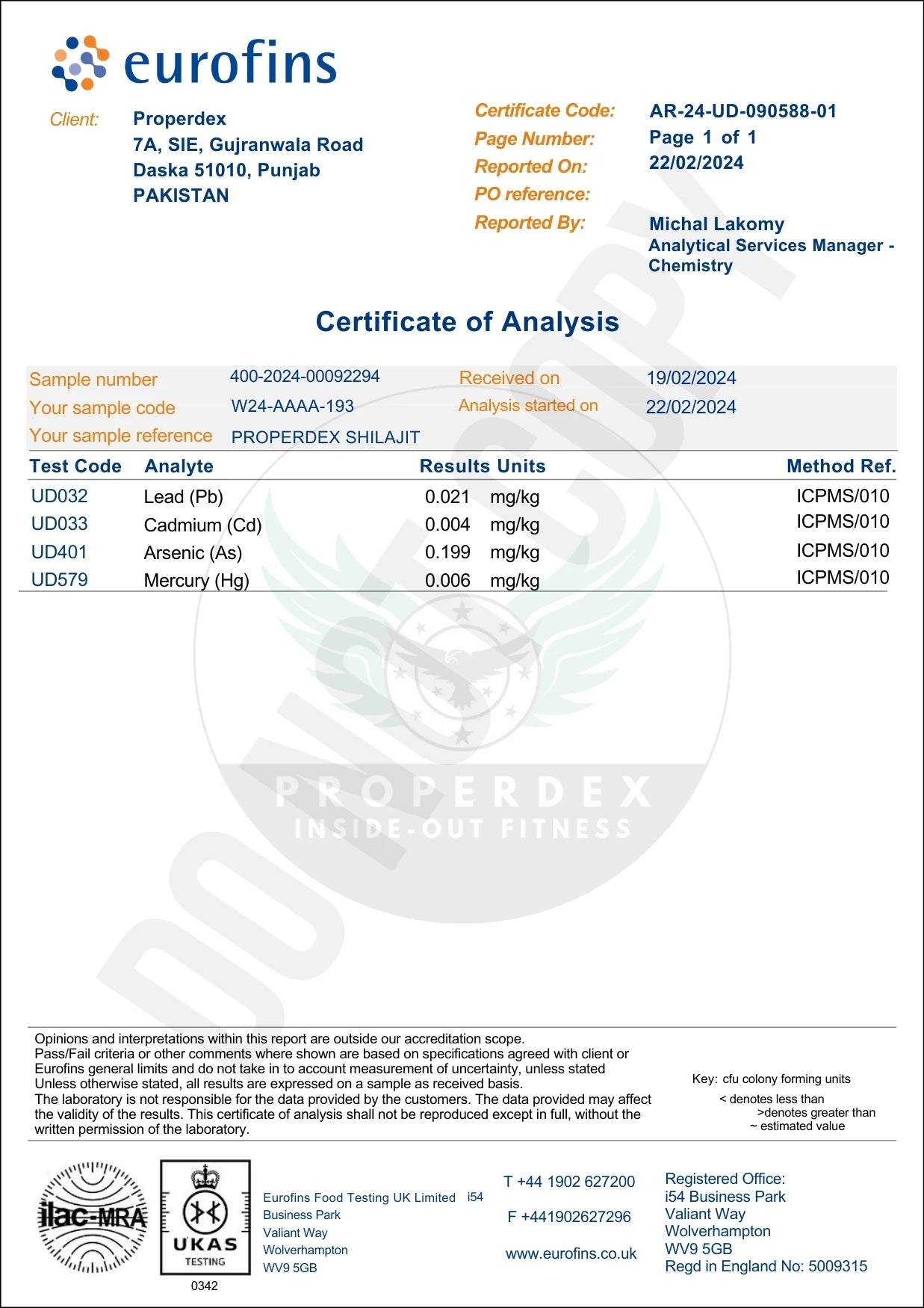 Eurofins Certificate of Analysis for Properdex Shilajit with values for Lead (0.021 mg/kg), Cadmium (0.004 mg/kg), Arsenic (0.199 mg/kg), and Mercury (0.006 mg/kg), 