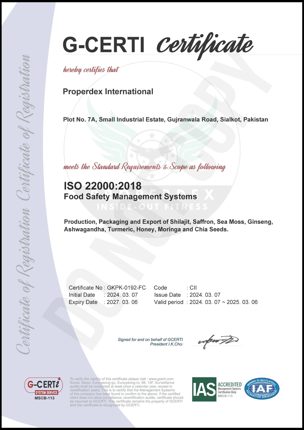 ISO 22000 Certificate: An official document confirming that Properdex Shilajit complies with international food safety management standards, ensuring the product is safe for consumption