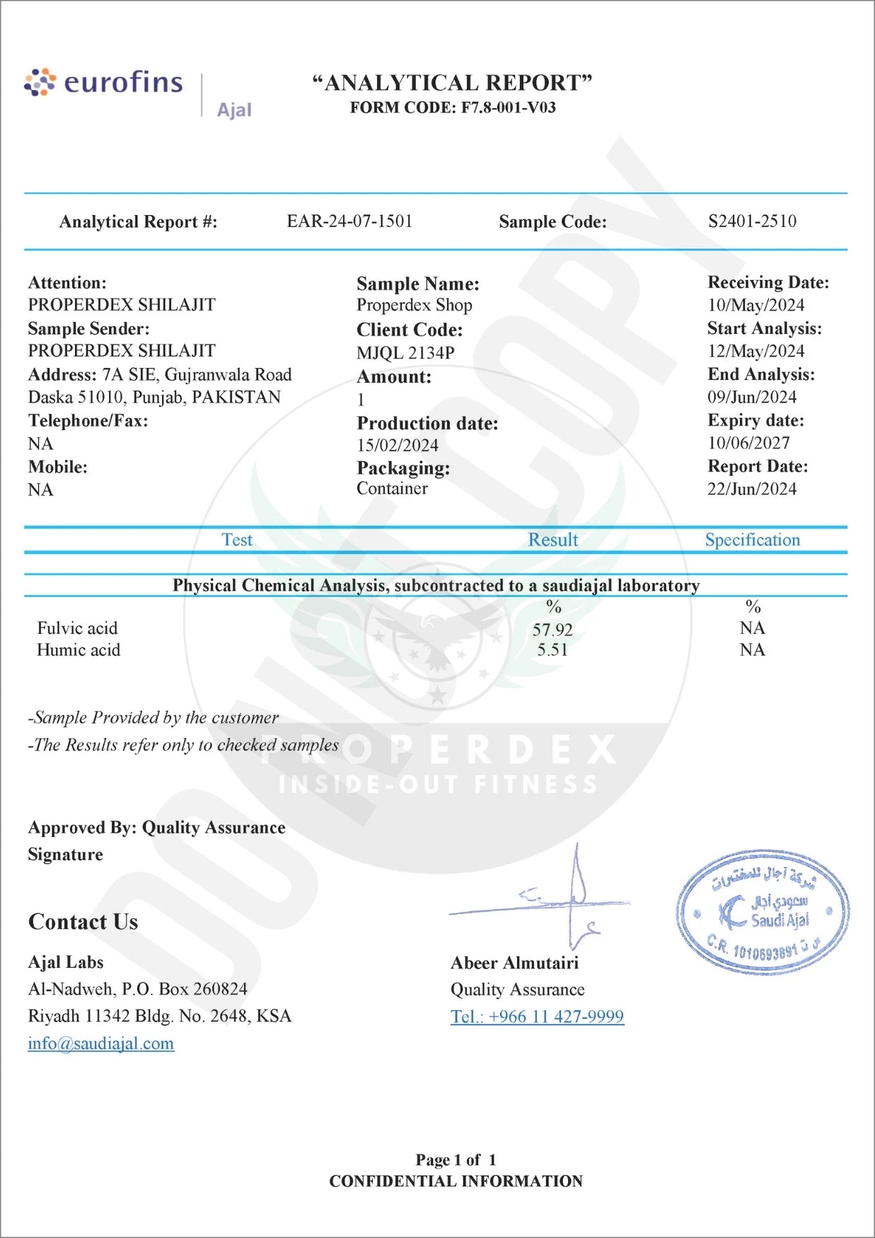 Lab report for Properdex Shilajit: Analysis of fulvic acid (57.92%) and humic acid (5.51%) levels, confirming quality. Conducted by Ajal Labs and verified by Quality Assurance