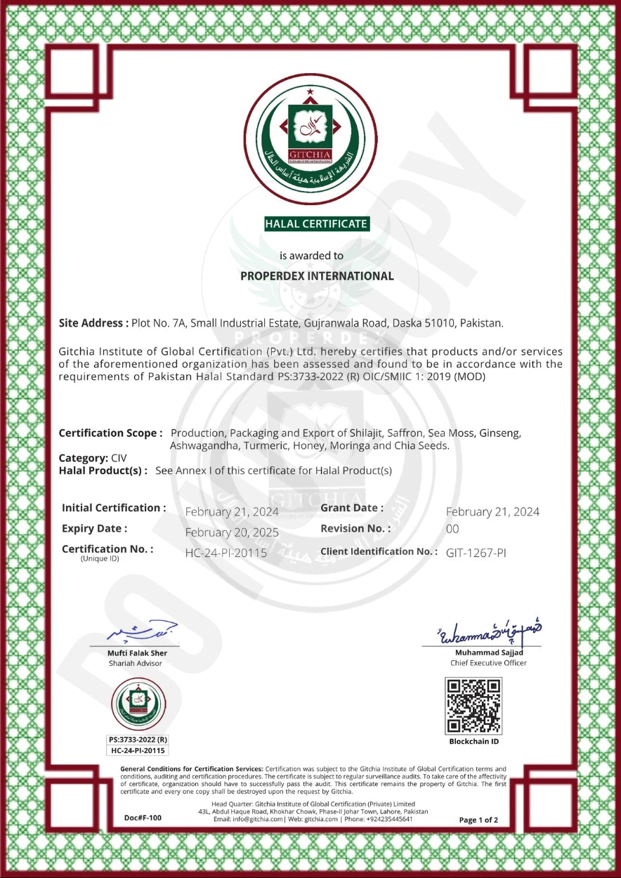 Halal Certificate: An official document certifying that Properdex Shilajit meets Halal standards, ensuring the product is permissible and suitable for consumption according to Islamic dietary laws