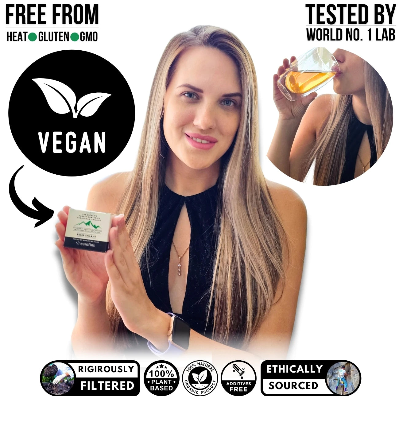 Non-Heat Shilajit, Gluten-free, Non-GMO. Tested by World No. 1 Lab. Ethically Sourced, Rigorously Filtered. Certified Quality with various certifications including GMP, Halal, Sun-Dried, Organic, Vegan, Lab Tested, and ISO.