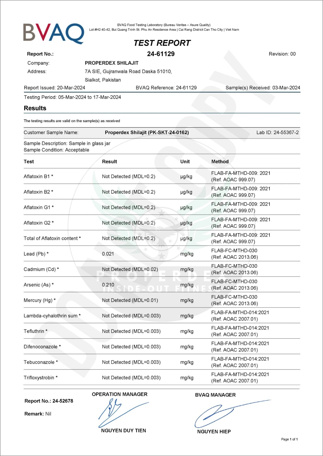 BVAQ Food Testing Laboratory report for Properdex Shilajit, confirming it is safe to use. The report includes values for Lead (0.021 mg/kg) and Arsenic (0.210 mg/kg), with all other tested elements not detected.