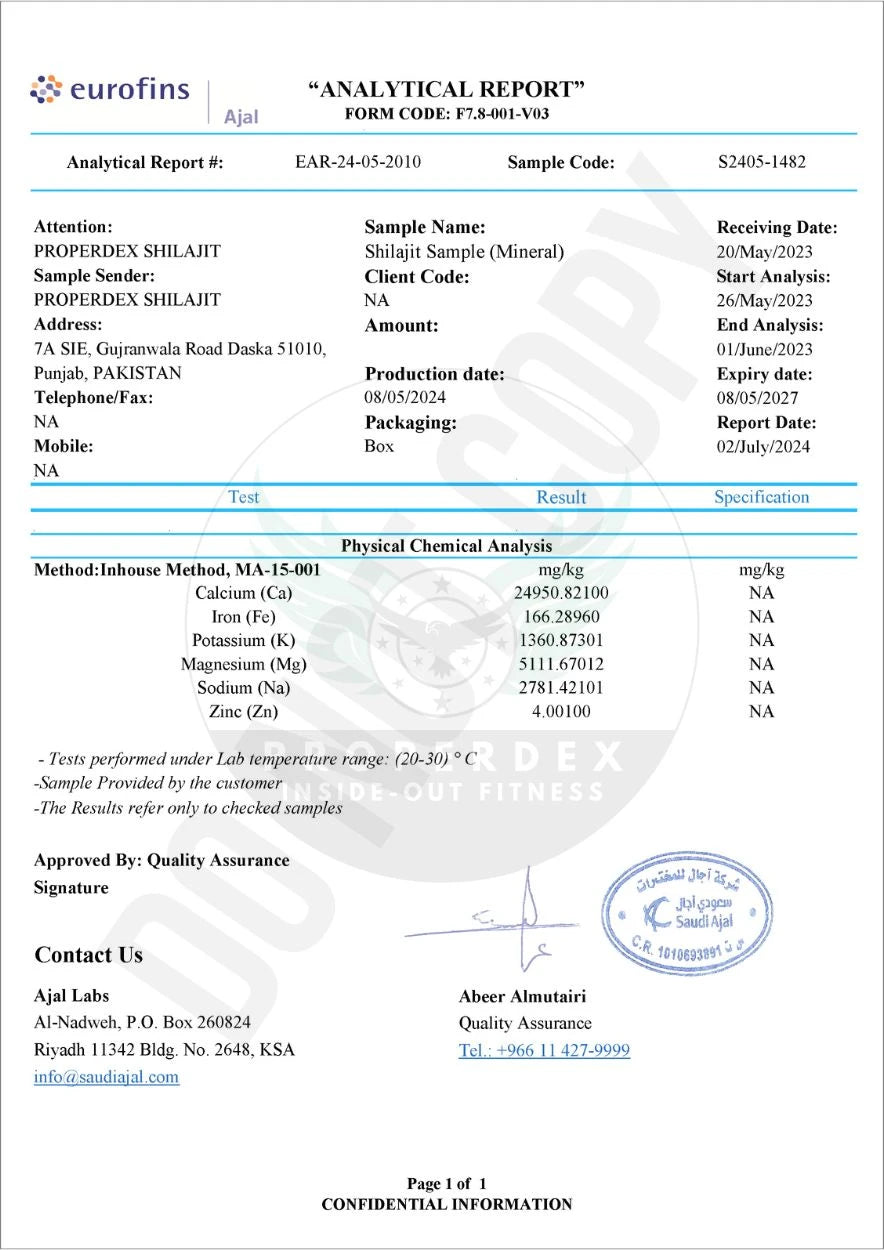 Lab Test Report: Analytical report for Properdex Shilajit showing physical chemical analysis, including levels of calcium, iron, potassium, magnesium, sodium, and zinc. The test confirms quality and safety, conducted by Ajal Labs, and approved by Quality Assurance